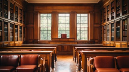 Obraz premium Ornate library room, wooden shelves, red seating, daylight