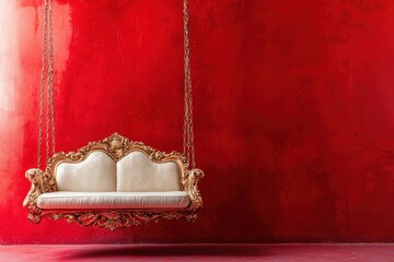 An ornate golden swing chair hangs against a red wall
