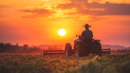 Fototapeta premium A dramatic silhouette of a farmer on a tractor, working the field with a harrow at sunset, highlighting the beauty of farming and nature’s rhythm.
