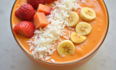 Colorful fruit smoothie bowl with toppings