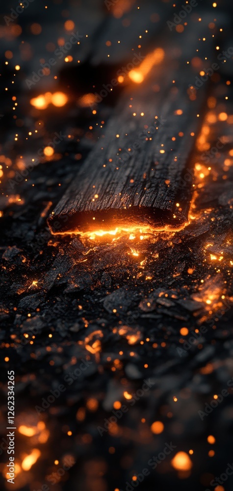 Poster glowing embers and sparks on burning log surface creating a captivating fire scene with warmth and t