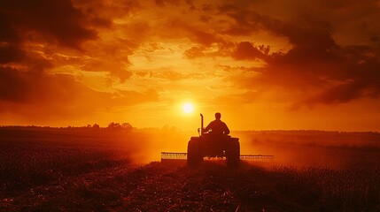Fototapeta premium A dramatic silhouette of a farmer on a tractor, working the field with a harrow at sunset, highlighting the beauty of farming and nature’s rhythm.
