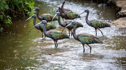 Jungle birds wading in shallow stream, foliage background