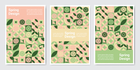 spring poster. Modern grid flyer with geometric shapes, geometry graphics and abstract background vector set. Geometry grid pattern banner vivid presentation illustration
