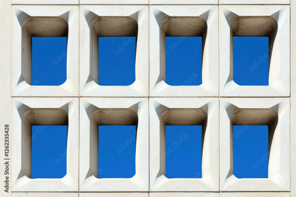 Poster repeating geometric window pattern with bright blue sky behind for architectural use