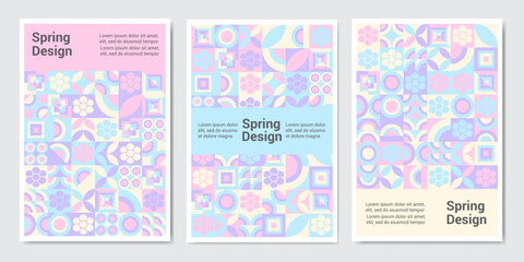 spring poster. Modern grid flyer with geometric shapes, geometry graphics and abstract background vector set. Geometry grid pattern banner vivid presentation illustration
