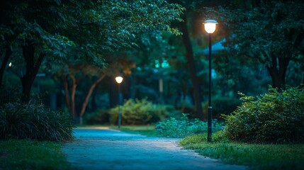 Solar streetlights illuminating a smart city at night, sustainable urban technology, modern green solutions, stock photo with side copy space.