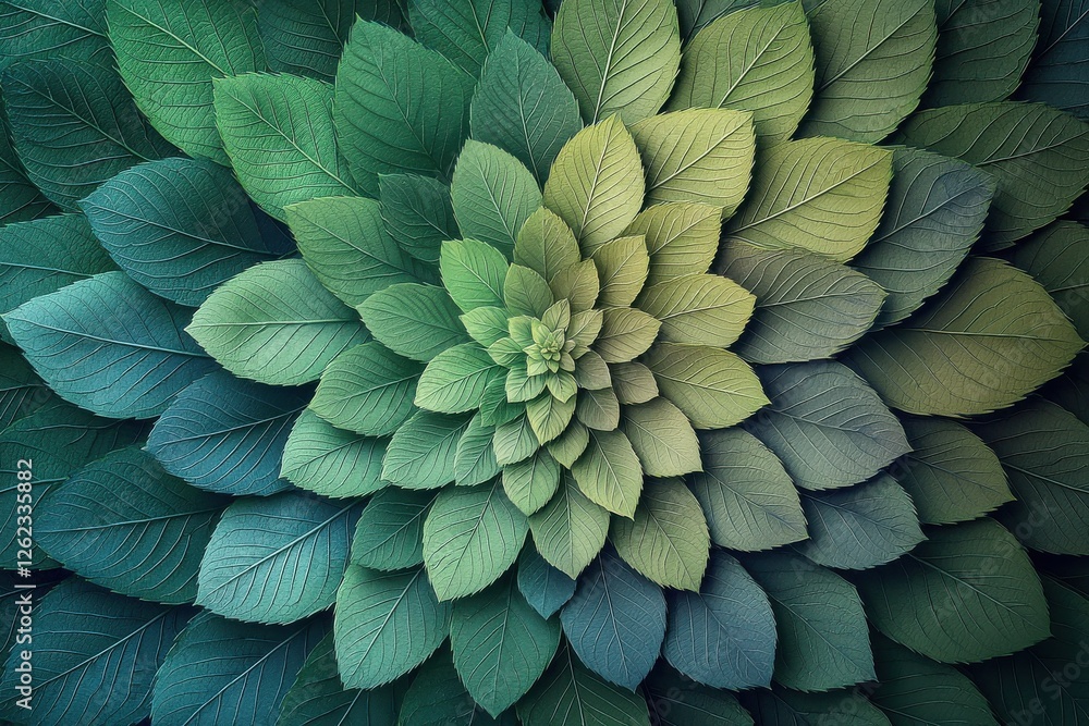 Poster a serene botanical arrangement featuring layered green leaves radiating from the center, creating a 