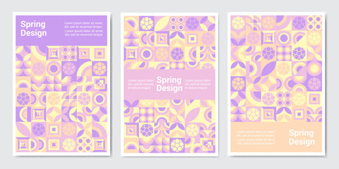spring poster. Modern grid flyer with geometric shapes, geometry graphics and abstract background vector set. Geometry grid pattern banner vivid presentation illustration