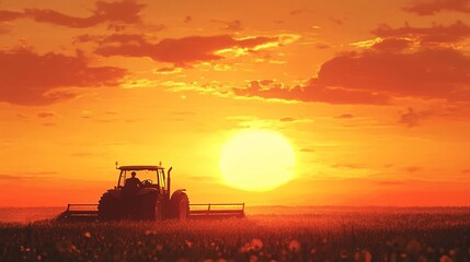 Fototapeta premium Silhouette of a farmer on a tractor with a harrow, plowing the soil at sunset, creating a striking contrast against the golden sky and open field.