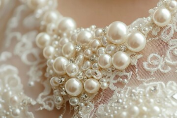 Pearl beaded lace dress detail with sparkle for wedding, celebration close up