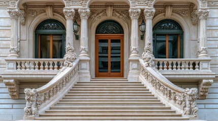 Obraz premium Ornate stone staircase leading to grand entrance of historic building
