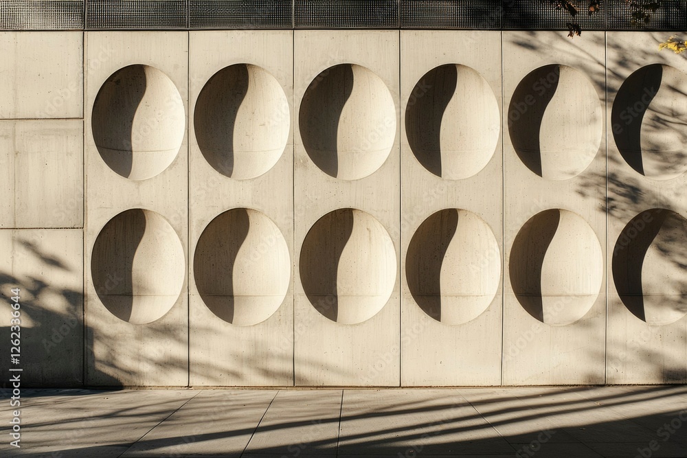 Poster sunlight patterns on a concrete wall with circular design. background tree