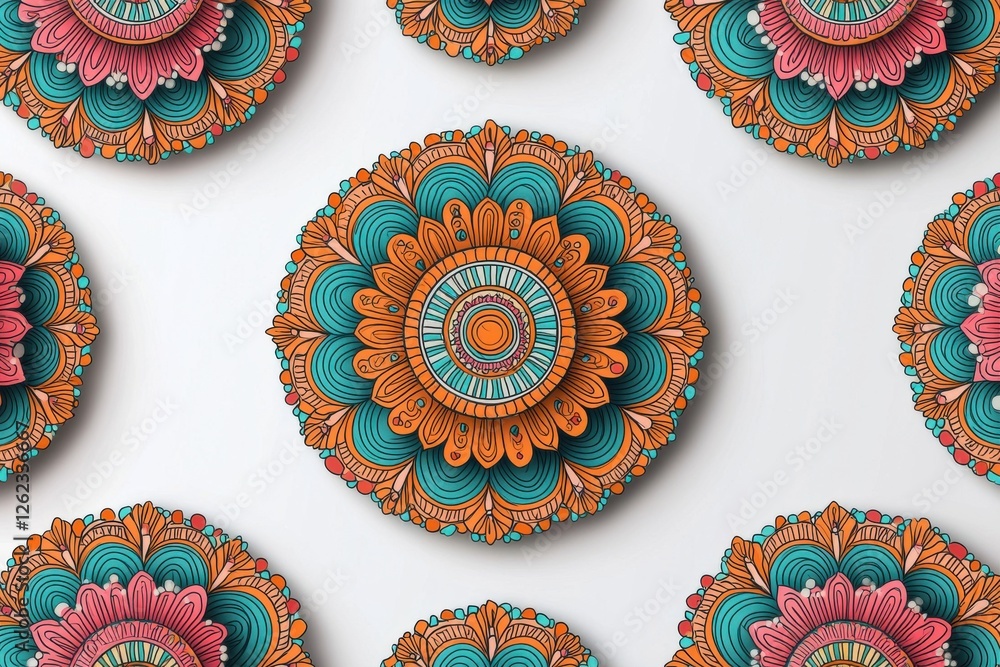 Poster vibrant mandala pattern on a clean white background, creating a visually appealing geometric design 