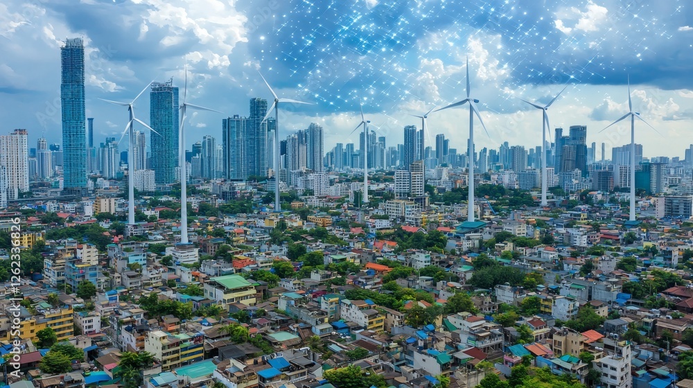 Poster small wind turbines on the roof of an urban high-rise, integrating clean energy into modern architec