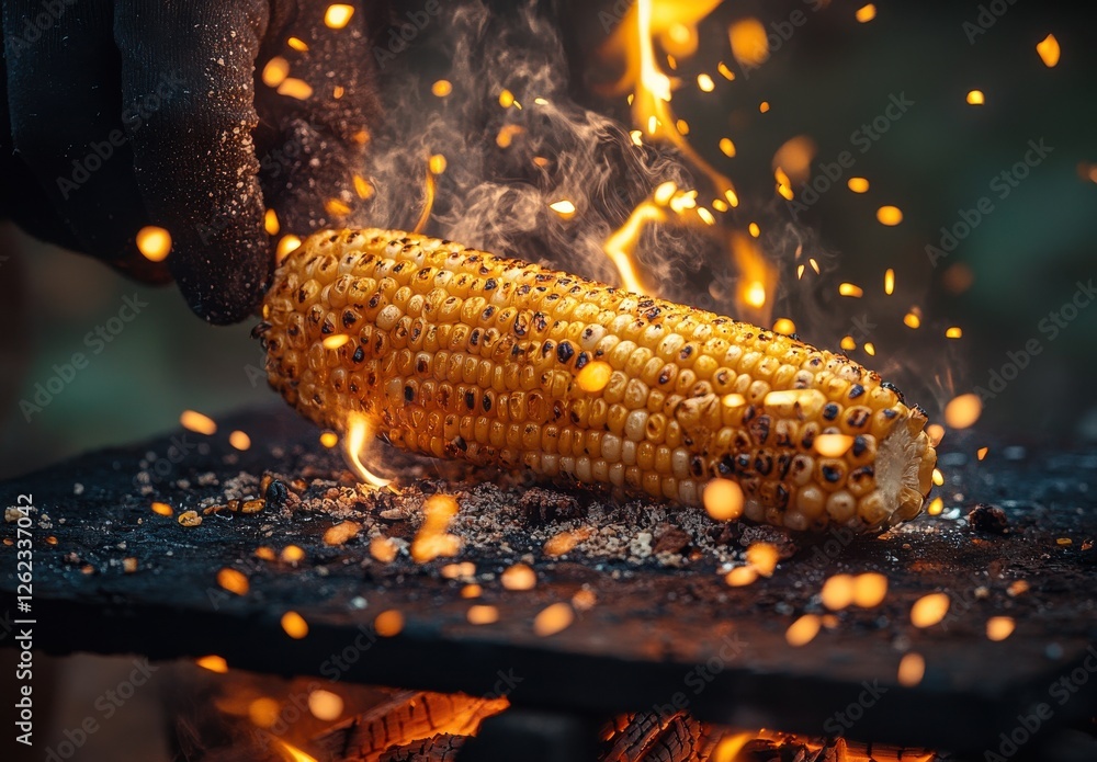 Poster grilled corn on the cob roasting over open fire with sparks and flames in a rustic outdoor setting
