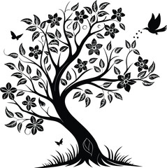 Obraz premium vector illustration of a feather,vector tree with floral elements,vector black silhouette of a tree,black and white floral ornament,black and white flower,abstract floral background