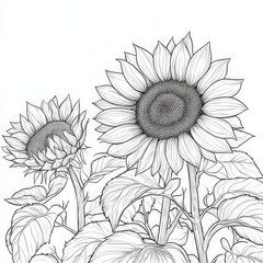 Fototapeta premium Sunflower Outline Hand Drawn Illustration. Beautiful Line Art Clip Art of Floral Blossom