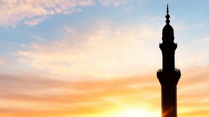 Majestic Mosque Minaret Silhouette at Sunrise  Spiritual Peace  Islamic Architecture