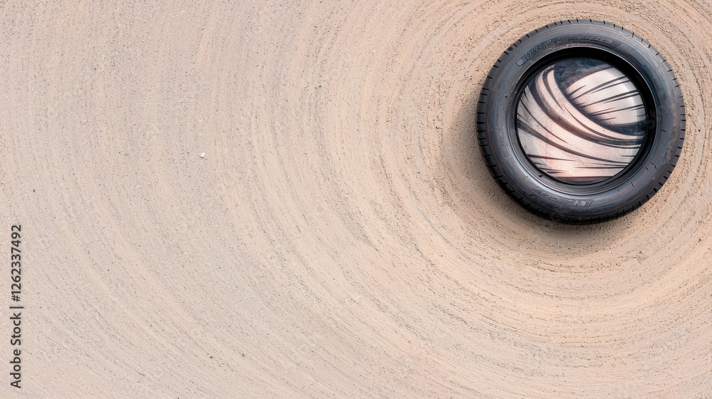Poster cool and masculine tire, abstract tire on textured sandy surface, creating unique visual effect