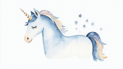 Magical Watercolor Unicorn  Rainbow Mane  Stars  Fantasy  Cute  Childish  Dreamy  Illustra
