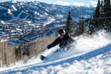 Man skiing downhill on snow-covered mountain slope with forest and sunny sky