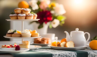 An elegant afternoon tea setting with a luxurious two-tier serving stand showcasing delicate pastries and citrus-infused treats. Generative AI