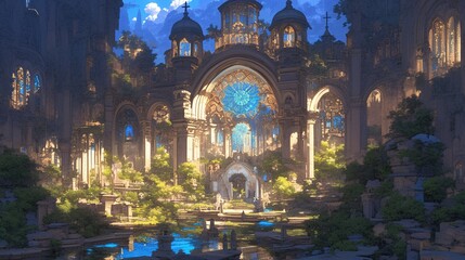 Old church ruins with reflection in water, overgrown with plants