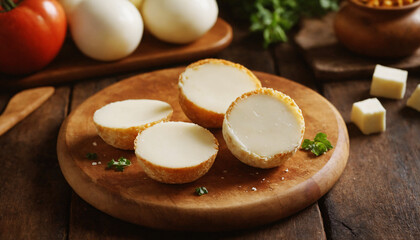 Mozzarella cheese balls. Bufala Campana. Fresh Italian Cheese, DOP Bocconcini on a wooden board background. Concept of fresh dairy products and Italian cuisine
