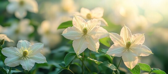 Soft sunlight illuminates delicate white clematis flowers in a lush garden.