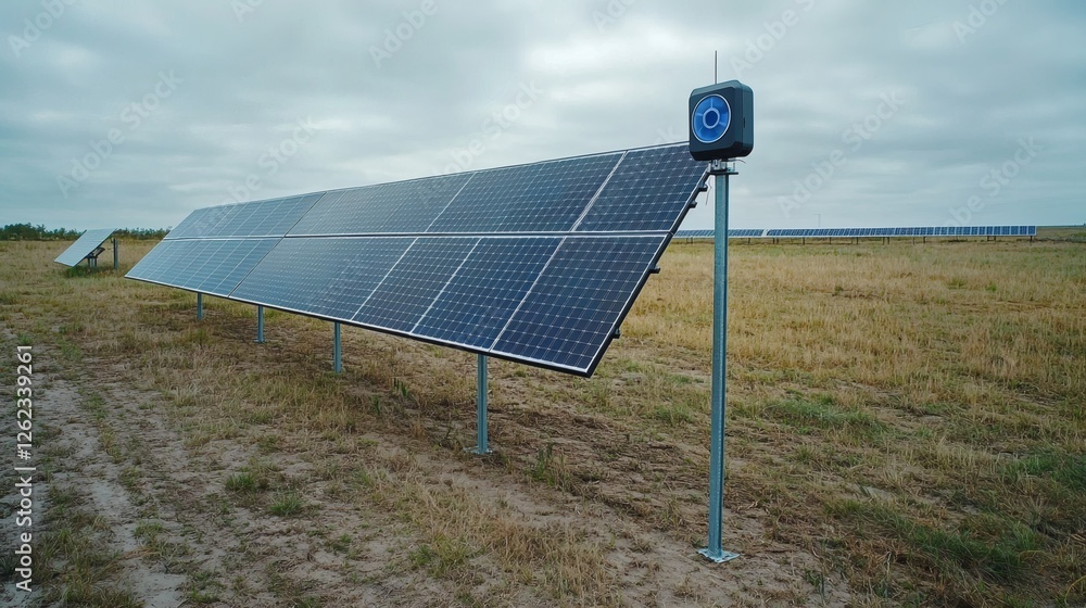 Poster ai-powered solar tracking system optimizing panel efficiency, futuristic energy management, clean po