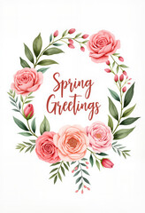 Spring postcard with a floral wreath and "Spring Greetings" text