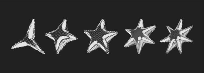 Y2k 3d chrome halftone stars shape retro abstract elements vector illustration set. Chrome silver 3d metallic halftone semitone retro effect collection. Y2k space various star retro futuristic shapes.