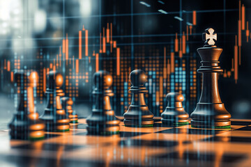 A captivating scene featuring chess pieces on a board, strategically placed, with a stock market graph in the background