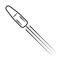 Black line drawing bullet flying through air with motion lines