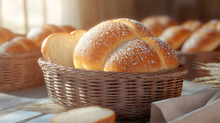 Whole bread and small buns on a basket ai genrative