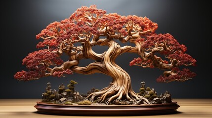 Stunning Bonsai Tree Sculpture with Vibrant Red Leaves and Detailed Base