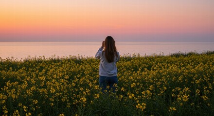 Fototapeta premium A woman enjoys the sunset in a flower garden with her camera