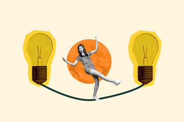 Exclusive art banner collage of astonished girl stand cord wire connection light bulb development...