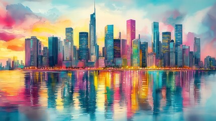 Obraz premium Colorful City Skyline at Sunrise or Sunset with Watercolor Effect