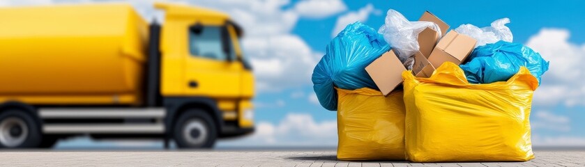 Yellow Bag of Recyclables Near a Yellow Truck