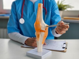 Doctor demonstrating knee anatomy with a model during consultation in a clinical environment concept