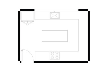 2d layout of kitchen furniture plan of interior design, black lines on white background, isolated. Set 6 © asesidea