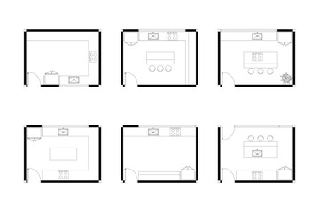 2d layout of collection of kitchen furniture plan of interior design, black lines on white background, isolated. Set 7