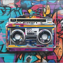 Fototapeta premium A vibrant graffiti mural featuring a retro boombox against a colorful background.