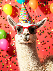 Fototapeta premium Festive llama wearing party hat and red sunglasses, confetti and balloons in the background against red backdrop.