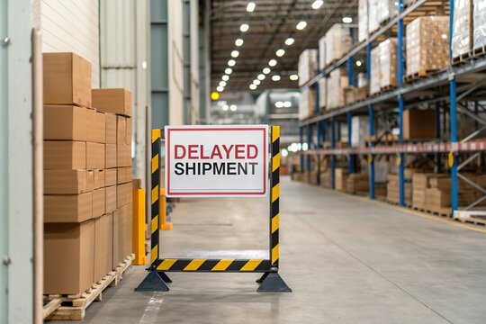 Delayed shipment sign in warehouse. Logistics problem and supply chain disruption
