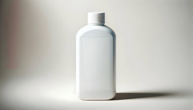 Medical A centrally positioned white plastic bottle with a white screw cap and blank label sits against a li2