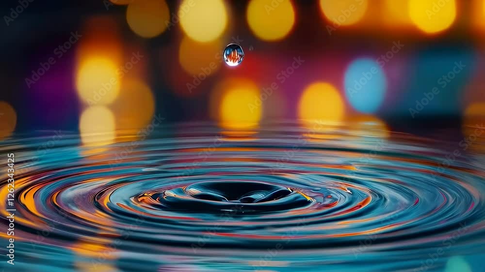 Poster A water droplet falling into the calm surface of blue and orange color, creating ripples that spread out from its impact point. The background is blurred with bokeh lights in shades of yellow to red.