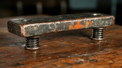 Rusty metal clamp on workbench, industrial setting